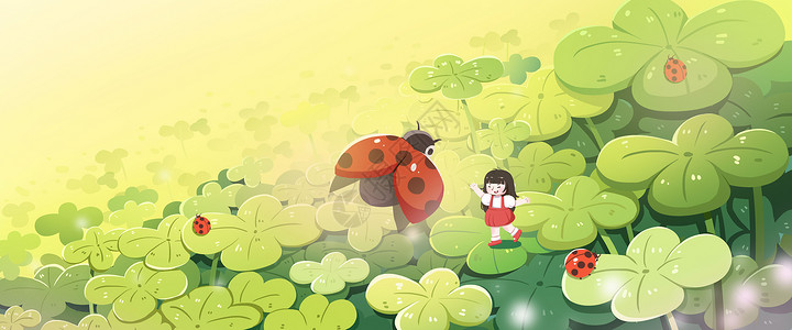 红点七星瓢虫惊蛰二十四节气绿色清新扁平风插画插画