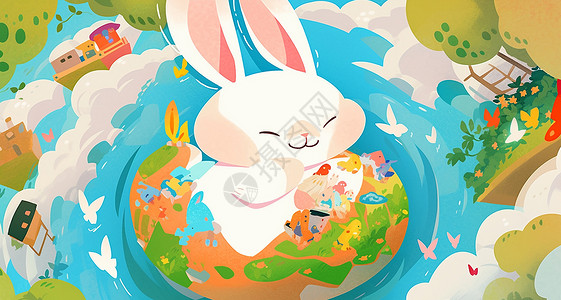 儿童托管中心在湖中心肥胖可爱的卡通小白兔插画