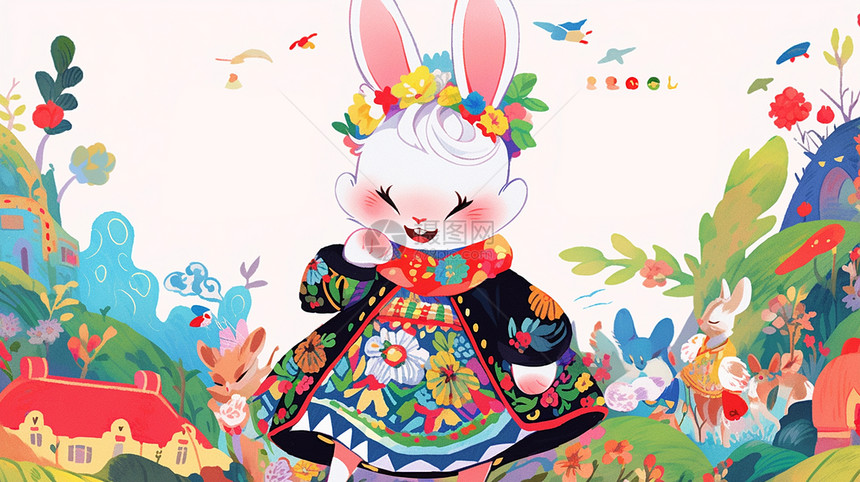 头上戴着花环穿着花衣服的可爱卡通小白兔图片