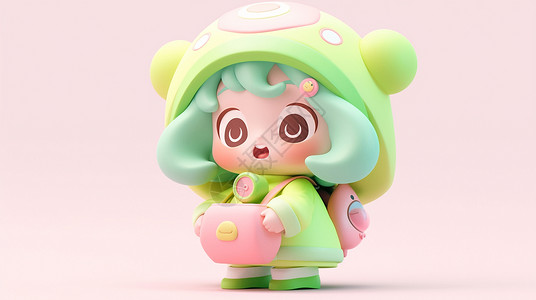 绿色帽子小熊头戴绿色小熊帽子抱着粉色小包的可爱大眼睛卡通小女孩插画