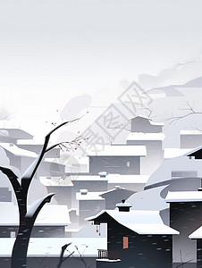 冬天雪后唯美漂亮的卡通小村庄背景图片