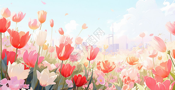 城市下的郁金香蓝天白云下一片美丽的卡通郁金香风景画插画