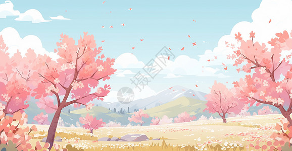 春天粉色梦幻唯美的卡通风景画背景图片