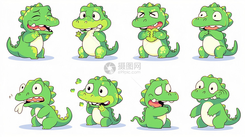 绿色各种可爱的表情的卡通小恐龙图片