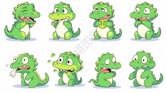 绿色各种可爱的表情的卡通小恐龙背景图片