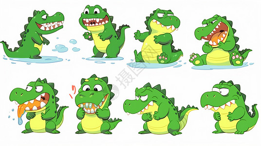 有大牙的绿色可爱卡通小恐龙各种表情背景图片