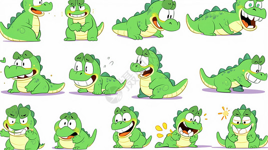 呆萌可爱的绿色卡通小恐龙各种表情背景图片