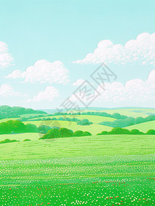 绿色卡通树木春天漫山遍野的绿色草地唯美卡通风景插画