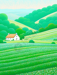 漫山遍野绿色山坡上一座可爱的卡通小房子背景图片