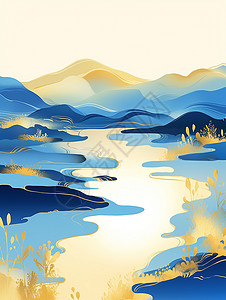 绿色帷幕线条蓝色调唯美的山川河流卡通风景画插画