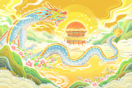 中国风龙抬头银龙古建杏花山水场景插画高清图片