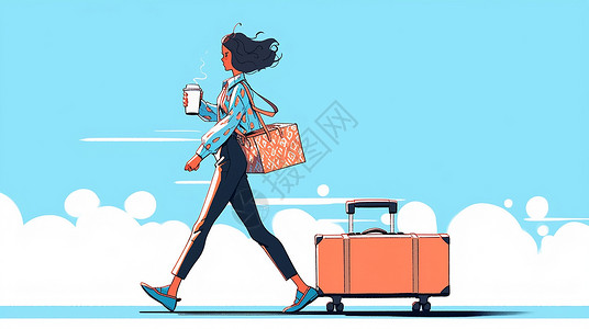 时尚简约行李箱背着大包手端着饮料大步走路的卡通女孩插画