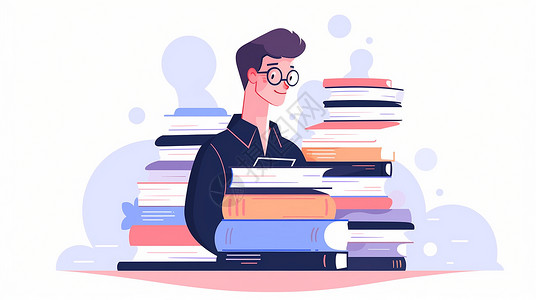 伸懒腰的男青年在高高的书堆中一位戴眼镜的卡通男青年插画