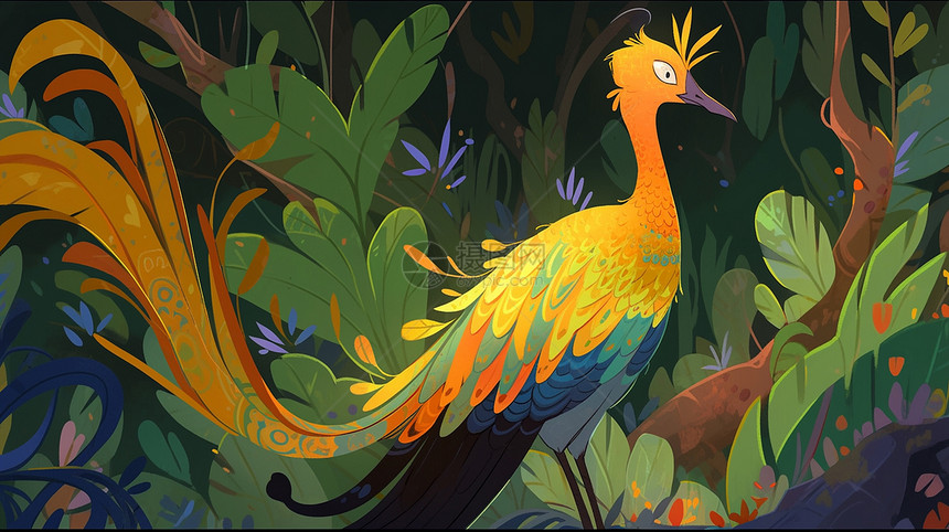 长尾巴漂亮的卡通凤凰鸟在满是绿植的森林中图片