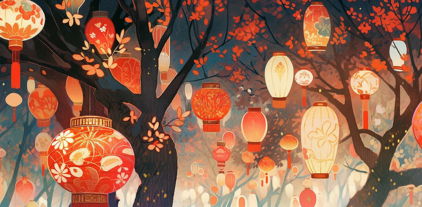 卡通花灯喜庆的夜晚树上挂满了红灯笼插画