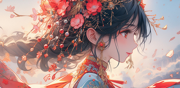 春节饰品古风装卡通女孩头上戴着很多桃红色卡通花朵饰品插画