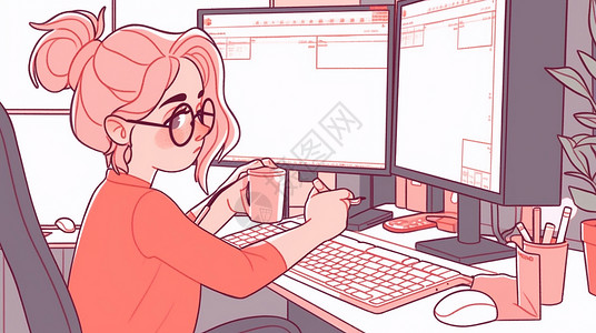 戴眼镜的风色头发卡通女孩坐在双屏电脑前背景图片