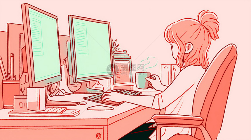 坐在工位上一边办公一边准备喝咖啡的卡通女孩图片