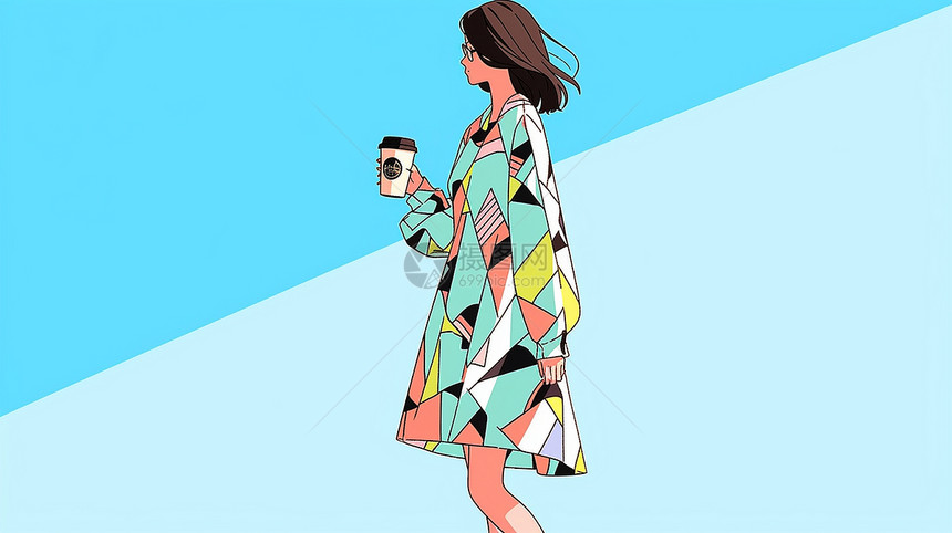 穿着长款花衬衫手端着咖啡的时尚卡通女人图片