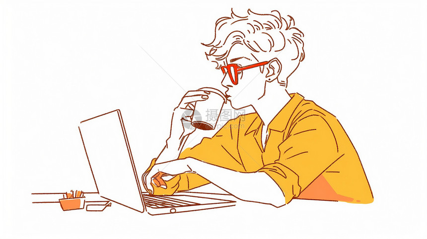 穿着黄色T恤在工位上轻松喝咖啡的短发卡通男人图片