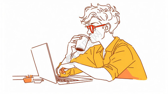 穿着黄色T恤在工位上轻松喝咖啡的短发卡通男人插画