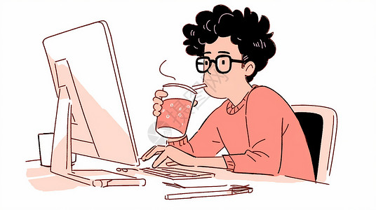 在电脑前一边喝饮料一边敲电脑的卡通男人背景图片