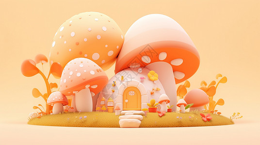 黄色蘑菇小岛上巨大的蘑菇下一座可爱的卡通蘑菇屋插画