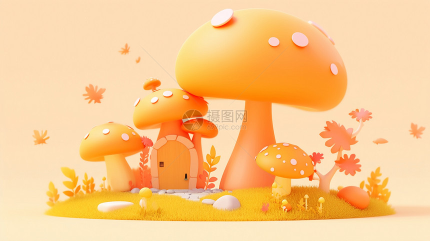 黄色的草地上几个可爱的卡通橙黄色蘑菇图片
