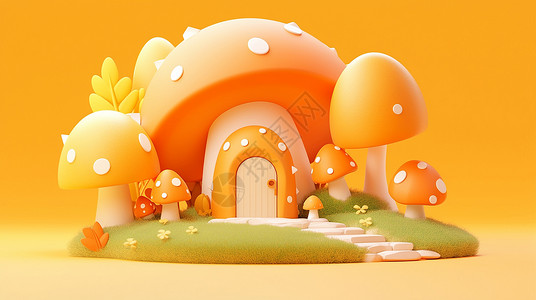 暖色场景立体可爱的卡通巨大的蘑菇屋插画