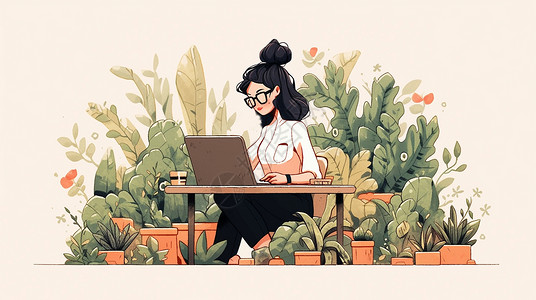 黑植物戴着黑框眼镜坐在办公桌前办公的卡通女孩插画