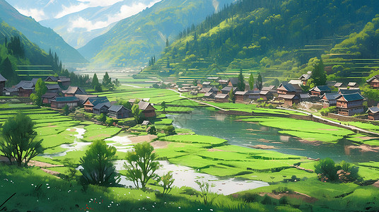 春天小河边几座美丽的卡通小村庄背景图片