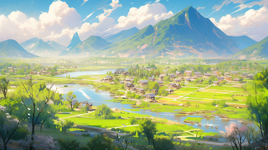 蓝天白云下远处的河边几座漂亮的卡通小村庄风景画图片