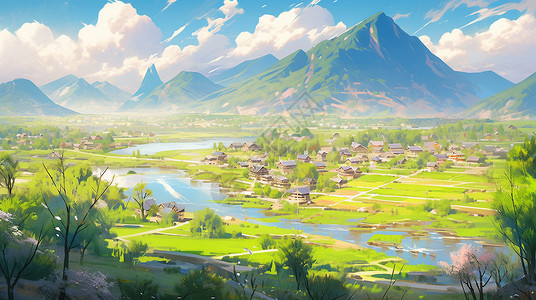 蓝天白云下远处的河边几座漂亮的卡通小村庄风景画背景图片