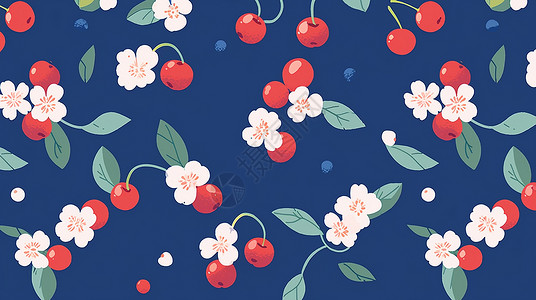 复古蓝色背景 上小花与红色果实卡通背景高清图片