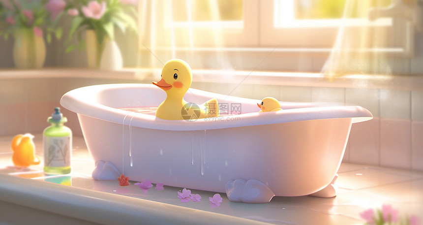 浴缸中放满洗澡水一只卡通小黄鸭在游泳图片