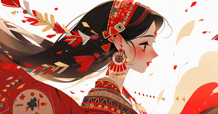 民族风穿着喜庆红色服装的长发卡通女孩图片