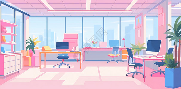 简约电脑桌简约梦幻的卡通办公室中一把办公椅子放在办公室中间插画