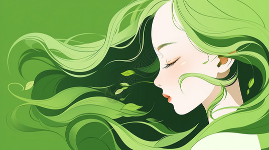 头靠在手上绿色长发在风中的卡通女孩头发上有几片树叶插画