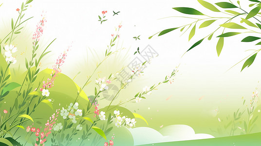 春天开着的很多小花与绿植唯美卡通风景画高清图片