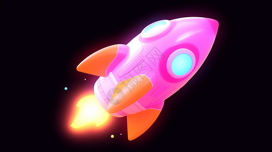 正在燃烧飞行的玫红色可爱卡通小火箭背景图片