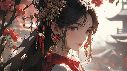 在梅花树下穿着喜庆的古风服装漂亮卡通女孩背景图片