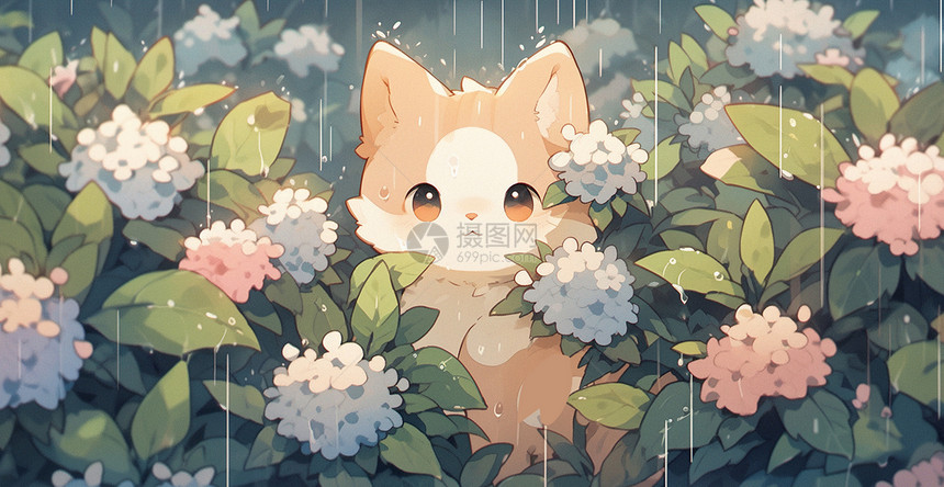 大雨中在花丛中躲雨的卡通小橘猫图片