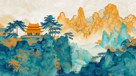 中国风古风建筑高高的山峰上一座金黄的古风卡通建筑唯美古风卡通山画插画