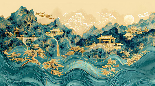 抽象的鎏金色古风卡通山水画山中的古建筑背景图片