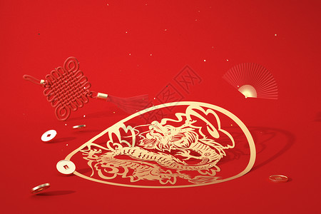 新春中国结龙年龙年龙纹剪纸背景设计图片