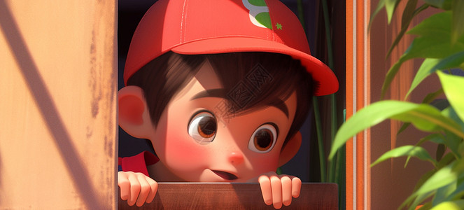 戴着红色帽子偷看的可爱卡通小男孩背景图片