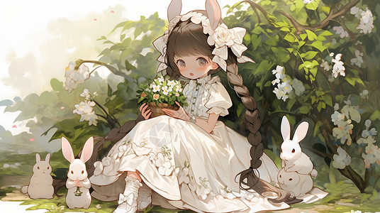 白色复古穿着白色公主裙坐在花丛旁可爱的卡通小女孩插画