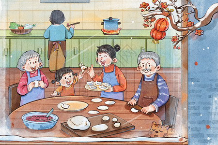 手绘除夕夜一家人包水饺温馨治愈系插画背景图片