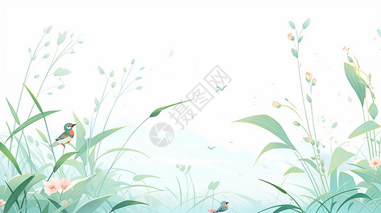 小清新唯美的植物上两只卡通小鸟背景图片