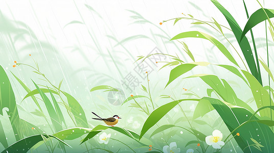 漂亮风景雨中唯美漂亮的卡通植物上落着一只小鸟插画